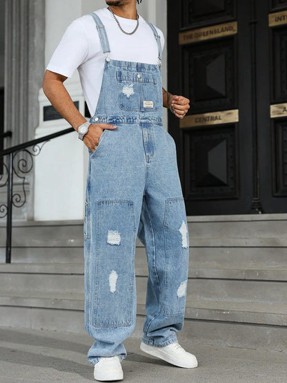 Macacão Jeans Masculino Moderno para o Verão, com Caimento Solto de Perna Larga, Design Rasgado e Estilo Urbano
