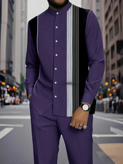 Conjunto de duas peças masculino com camisa de manga comprida com gola alta e estampa de listras verticais coloridas e calça.