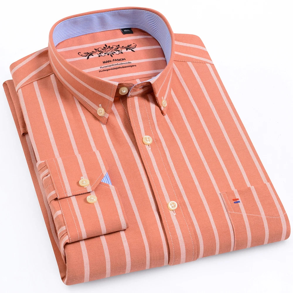 Camisa masculina de manga comprida oxford com botão no peito esquerdo confortável outono inverno ajuste regular casual versátil moda