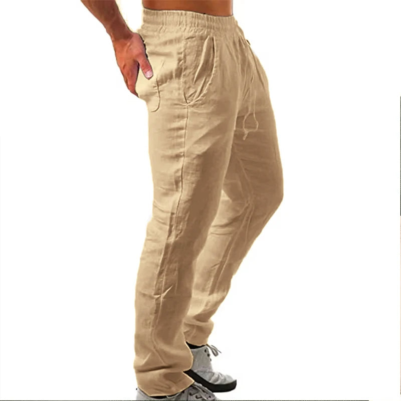 Calças masculinas coreanas de algodão para o verão, novas, respiráveis, de cor sólida, confortáveis, para fitness, ioga, corrida e estilo streetwear.