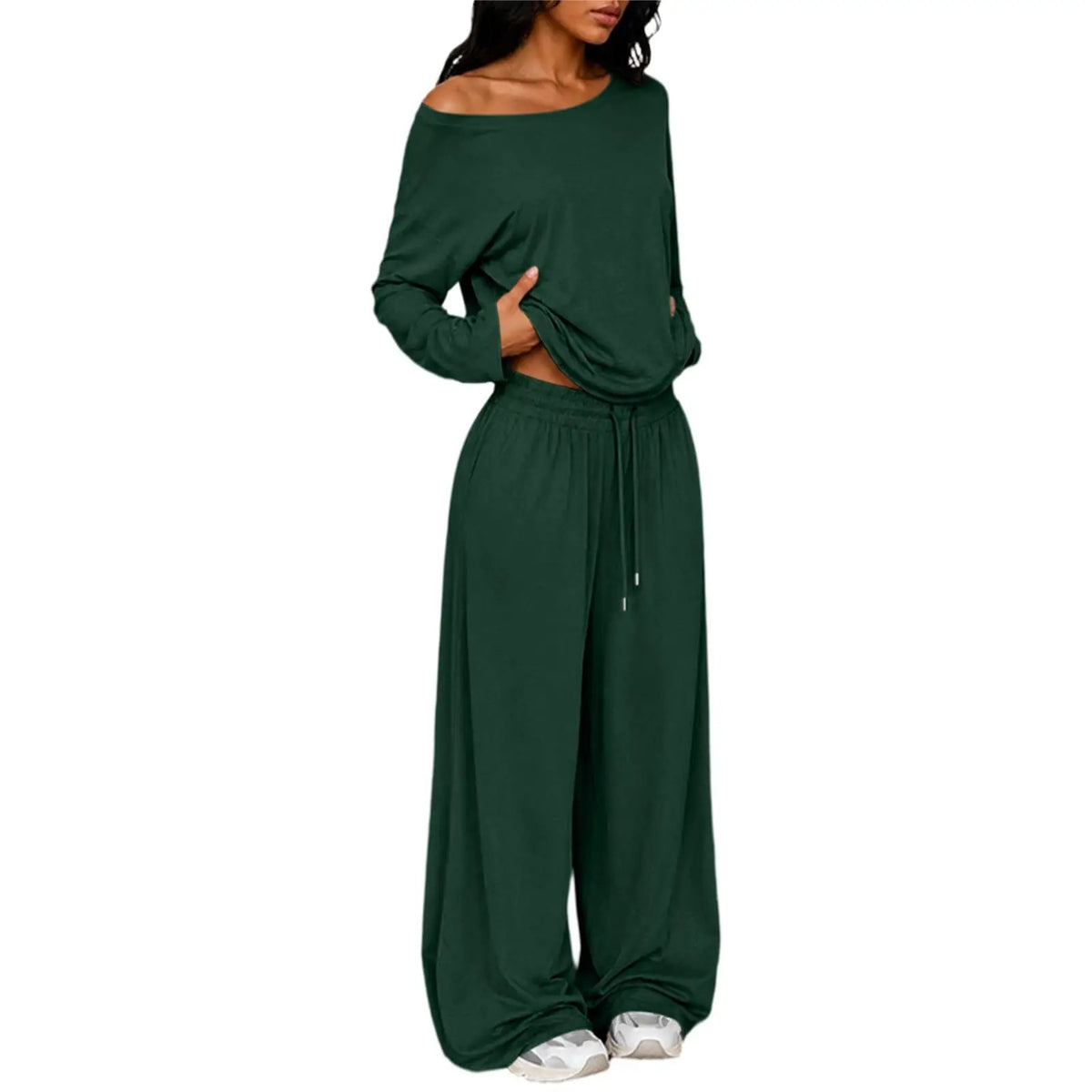 Conjunto Feminino de 2 Peças: Blusa Ombro a Ombro de Manga Longa Solta e Calça Pantalona com Cordão e Bolsos – Macio e Casual