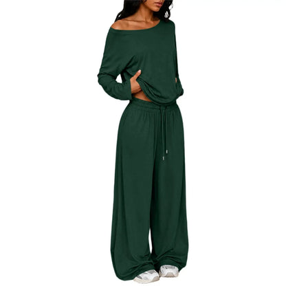 Conjunto Feminino de 2 Peças: Blusa Ombro a Ombro de Manga Longa Solta e Calça Pantalona com Cordão e Bolsos – Macio e Casual