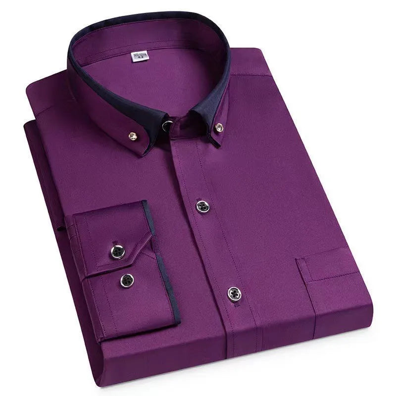 Camisa de negócios masculina manga longa botão para baixo camisa social anti-rugas escritório camisa masculina manga longa cor preta casual