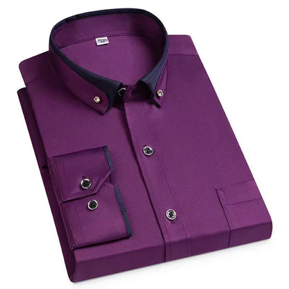 Camisa de negócios masculina manga longa botão para baixo camisa social anti-rugas escritório camisa masculina manga longa cor preta casual
