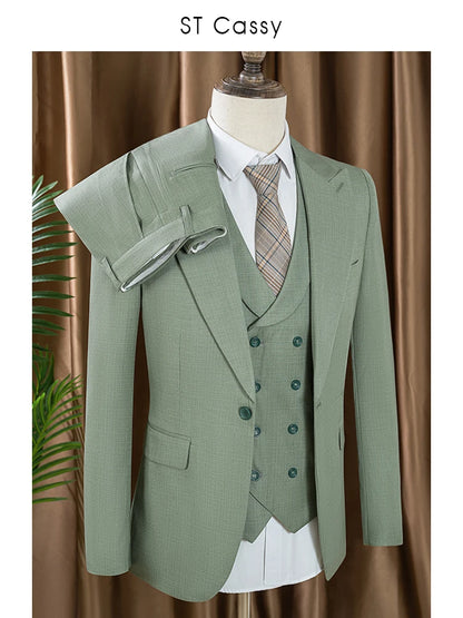 Conjunto de Terno Masculino ST Cassy Novo Estilo Fino de Três Peças Verde Slim Fit Formal para Escritório (jaqueta+colete+calças)