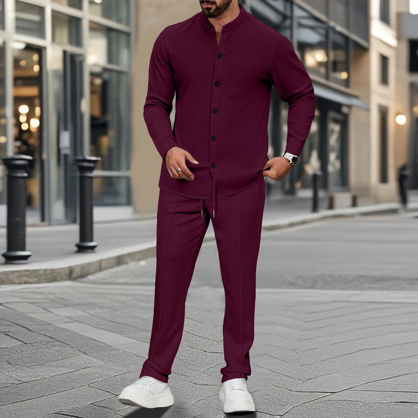 Camisa Masculina Waffle Elegante com Gola Alta e Botões e Calças 1/2 Peças Confortáveis e Respiráveis Casuais