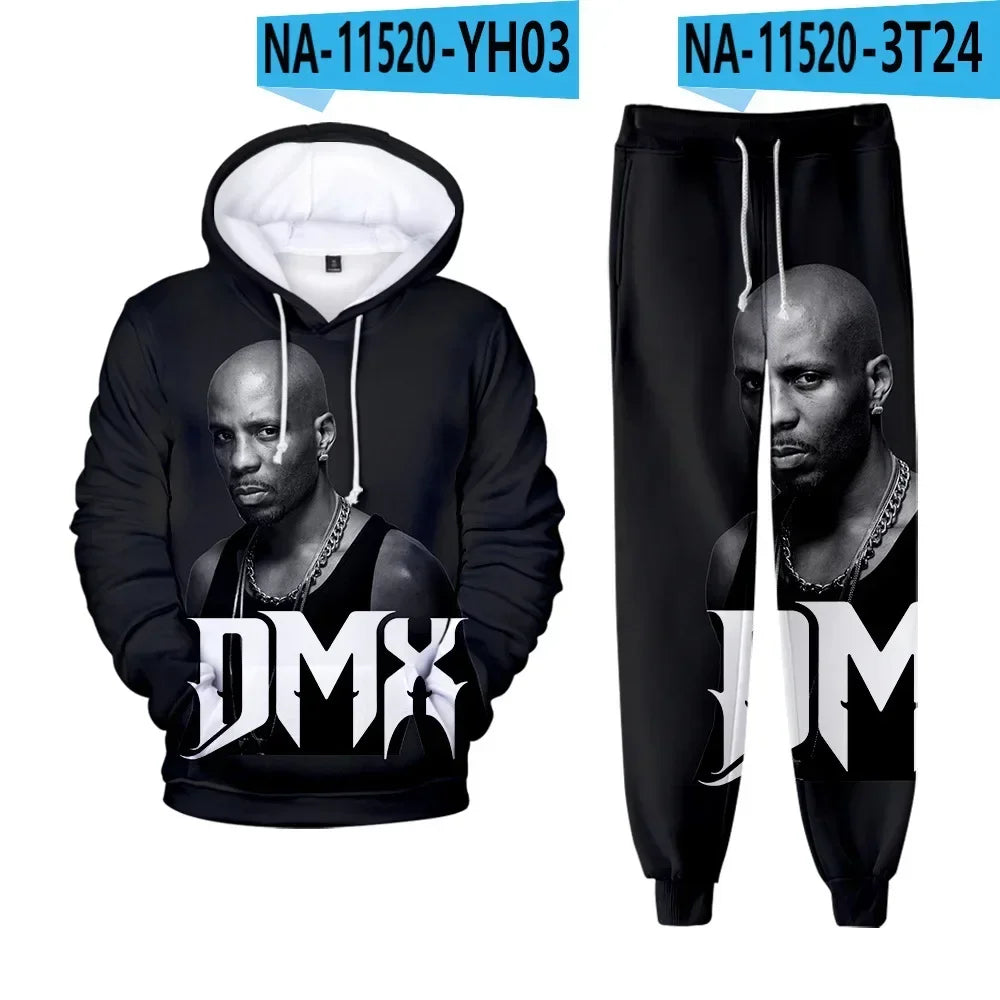 Hip hop rapper dmx impressão 3d conjuntos de treino masculino moda terno esportivo moletom com capuz + moletom roupas masculinas 2 peças conjunto