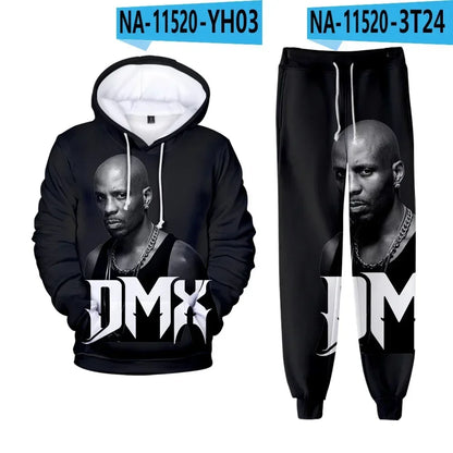Hip hop rapper dmx impressão 3d conjuntos de treino masculino moda terno esportivo moletom com capuz + moletom roupas masculinas 2 peças conjunto