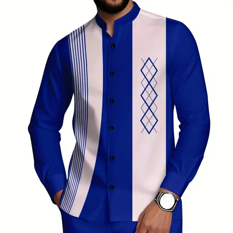 Camisa Masculina de Manga Longa com Gola Mandarim e Estampa Listrada de Diamante, Blusa Casual com Botões