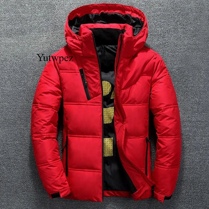 Jaqueta Masculina de Inverno 2026 Corta-Vento para Escalada com Capuz Removível, Parka Esportiva Casual para Caminhada ao Ar Livre, Casaco de Pluma de Pato Branco