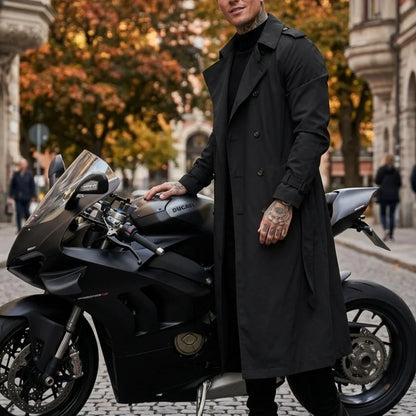 Casaco Masculino Fino de Outono, Estilo Trench Longo, com Cinto de Oferta, Extra Longo, Quebra-vento, Dragonas e Abotoamento Duplo, Vestuário Masculino Casual