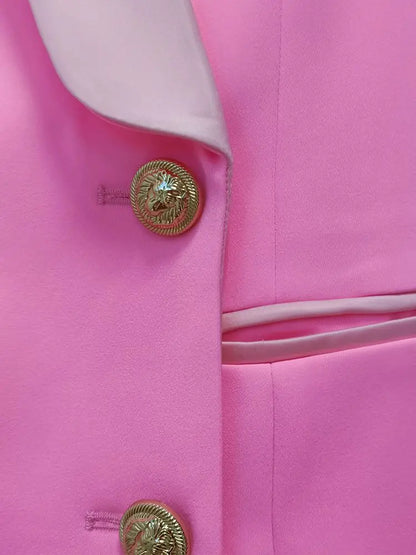 Blazer feminino de alta qualidade, modelo 2026, com botões de leão, abotoamento duplo, gola xale em cetim e modelagem longa.