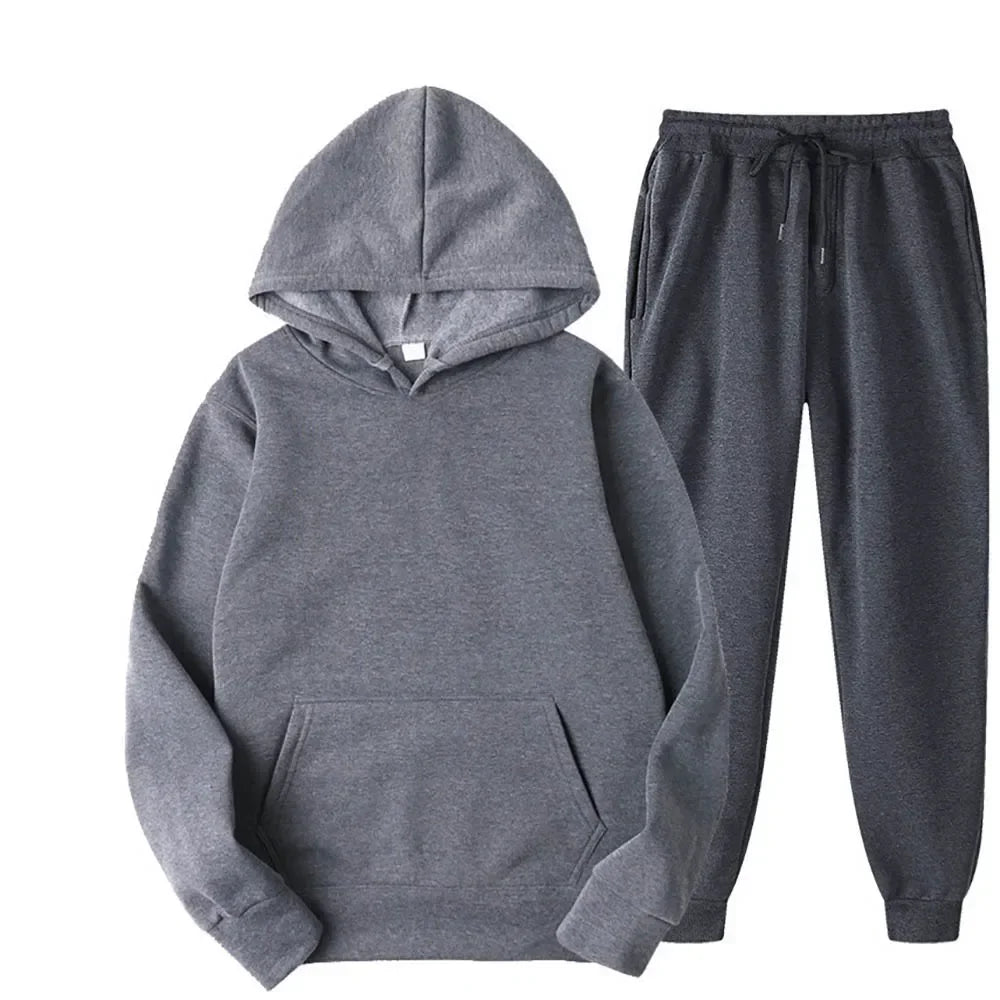 Conjunto de fato de treino masculino, 2 peças: camisola com capuz e calças com cordão, roupa de desporto para homem e mulher, ideal para corrida e atividades desportivas no outono.