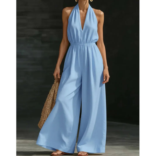 Macacão Feminino Halter Neck: Novo Macacão Casual Solto de Verão Francês com Decote V Sexy e Cor Sólida