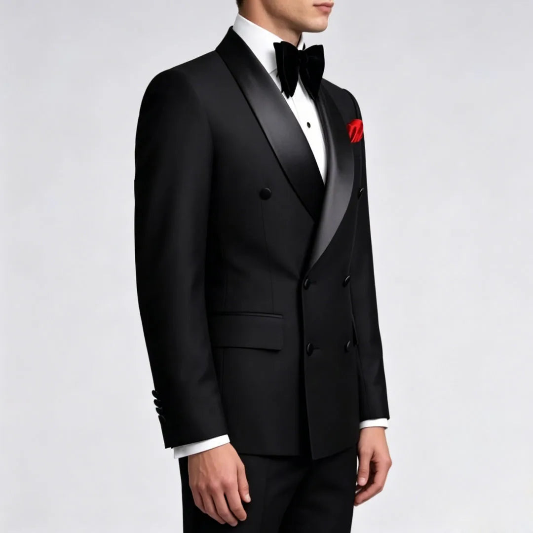 Terno masculino preto, 2 peças, botão duplo com lapela preta, para casamento, noivo, negócios, aniversário, banquete, trabalho, jaqueta e calças