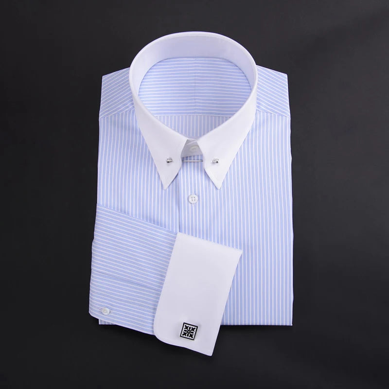 Camisa francesa justa-fit listrada masculina, gola império, manga longa, tendência de negócios
