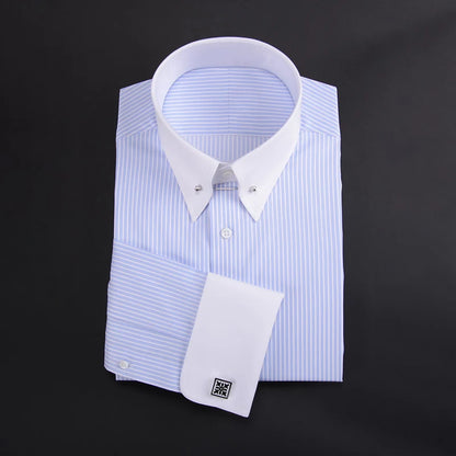 Camisa francesa justa-fit listrada masculina, gola império, manga longa, tendência de negócios