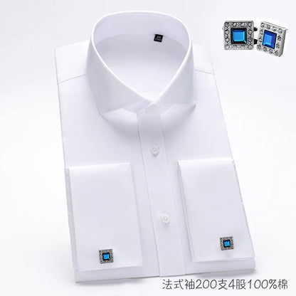 Nova Camisa Masculina de Algodão Puro 200S DP de Alta Qualidade, Não Amassa, Quatro Camadas, com Punho Francês, Gola Windsor e Gola Listrada Contrastante