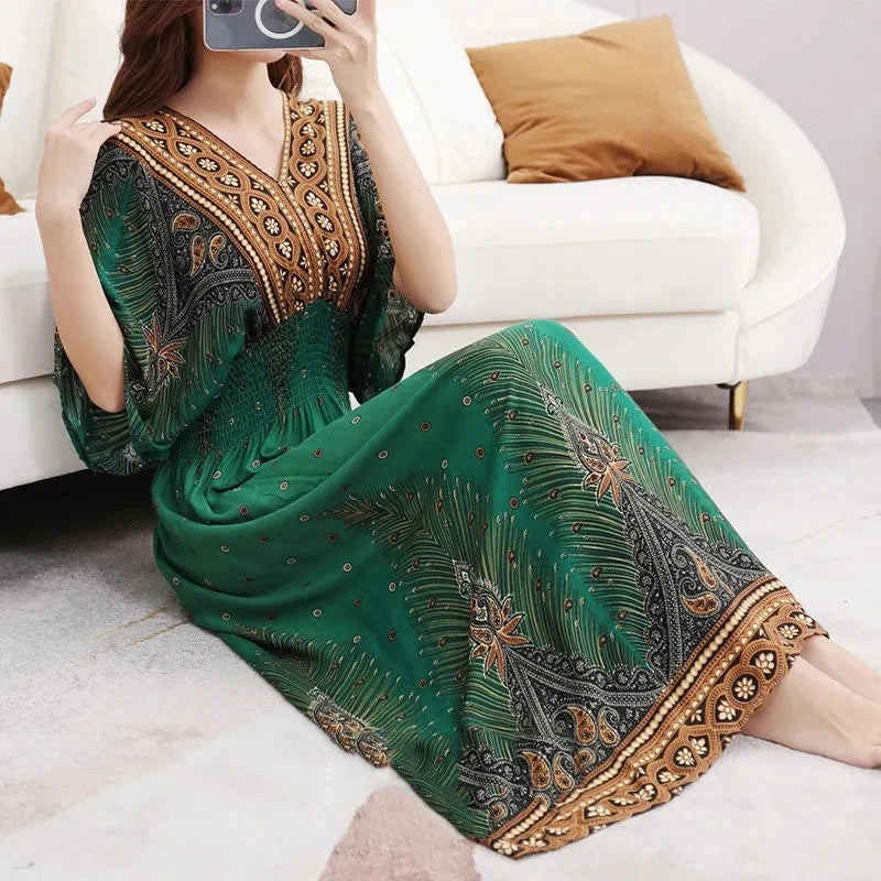 Flor colorida com decote em v elástico jovem boêmio doce midi vestido mulher roupas chique moda vestidos de verão 2025 grande balanço esqui