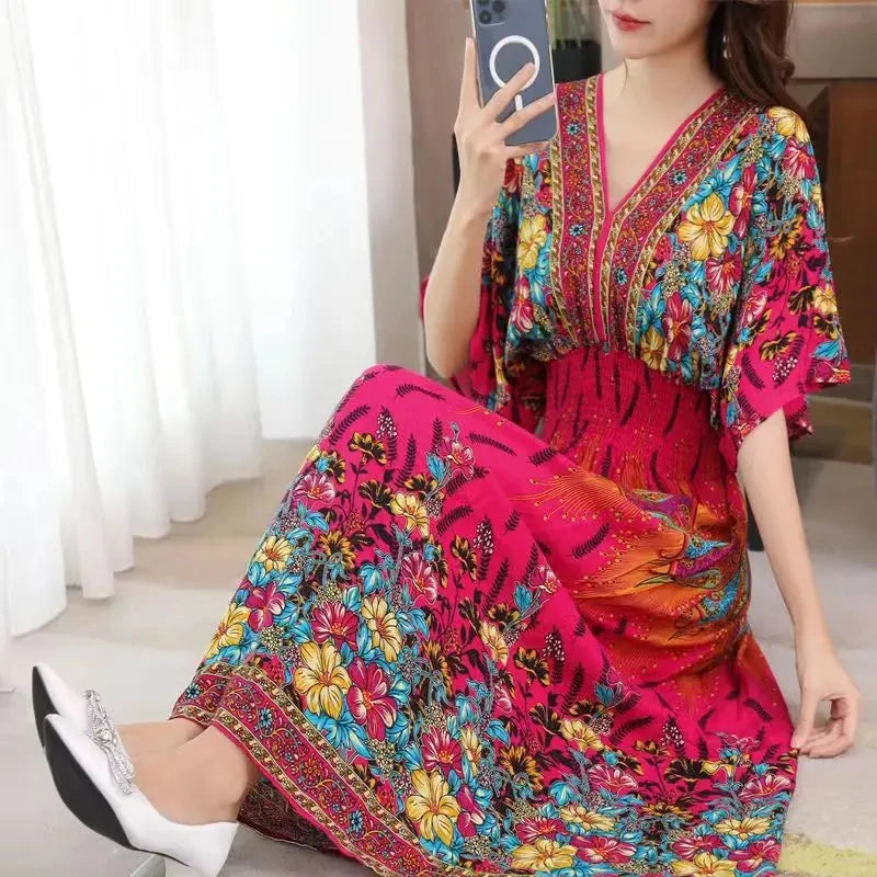 Flor colorida com decote em v elástico jovem boêmio doce midi vestido mulher roupas chique moda vestidos de verão 2025 grande balanço esqui