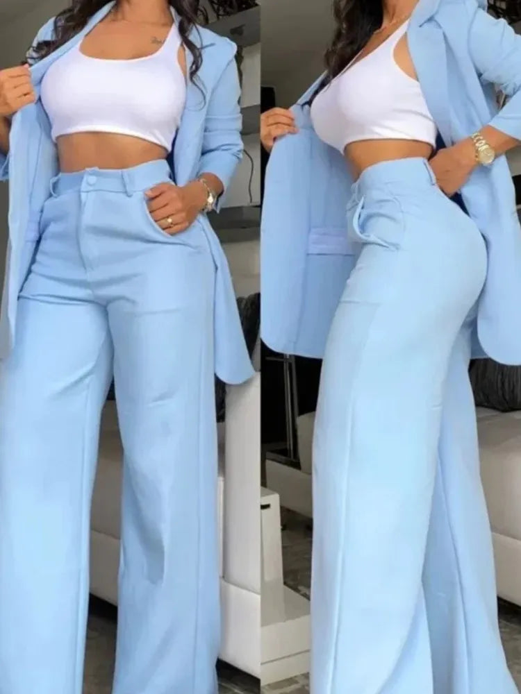 Elegante outono feminino blazer calças conjunto de duas peças roupas femininas moda gola entalhada casaco & calça; Terno de calças com design de bolso