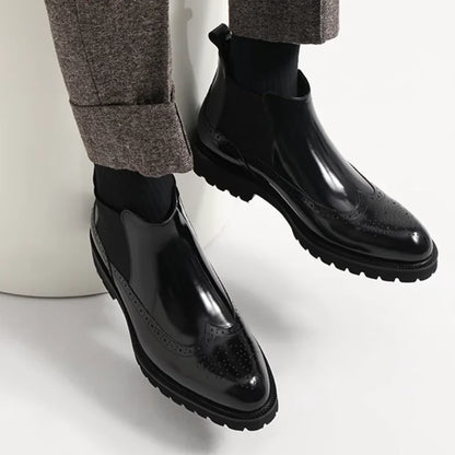 Botas Chelsea de couro genuíno masculino outono inverno bico fino brilhante brogue sapatos curtos estilo britânico