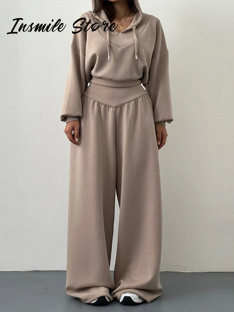 Casual sólido com capuz recortado moletom calça conjunto feminino solto com capuz cintura alta calças de perna larga 2026 primavera senhora chique outfit novo