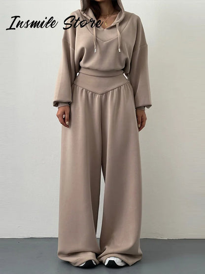 Casual sólido com capuz recortado moletom calça conjunto feminino solto com capuz cintura alta calças de perna larga 2026 primavera senhora chique outfit novo