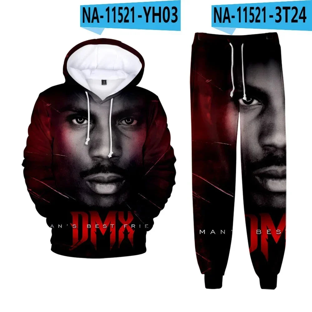 Hip hop rapper dmx impressão 3d conjuntos de treino masculino moda terno esportivo moletom com capuz + moletom roupas masculinas 2 peças conjunto