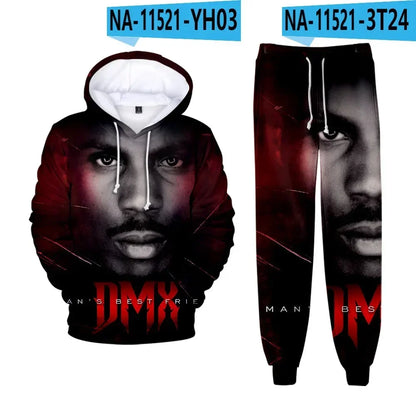Hip hop rapper dmx impressão 3d conjuntos de treino masculino moda terno esportivo moletom com capuz + moletom roupas masculinas 2 peças conjunto