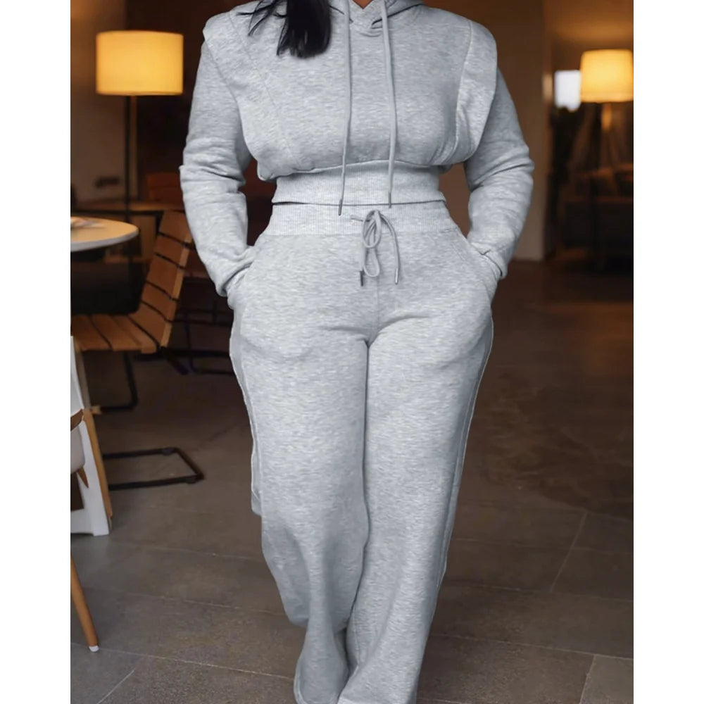 Elegante Duas Peças 	 Conjunto de moletom de manga comprida com capuz e calça de moletom casual de pernas largas para mulheres outono inverno