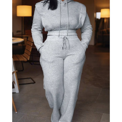 Elegante Duas Peças 	 Conjunto de moletom de manga comprida com capuz e calça de moletom casual de pernas largas para mulheres outono inverno