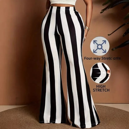 Calças Casuais Femininas de Cintura Alta Pretas e Brancas, Calças Flare com Stretch Quatro Direções, Calças de Perna Larga, Roupas Femininas