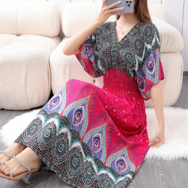Flor colorida com decote em v elástico jovem boêmio doce midi vestido mulher roupas chique moda vestidos de verão 2025 grande balanço esqui
