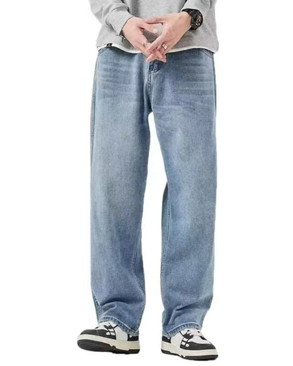 Calças jeans masculinas vintage lavagem perna larga solta jeans casual em linha reta estilo americano rua quatro estações novo 2026