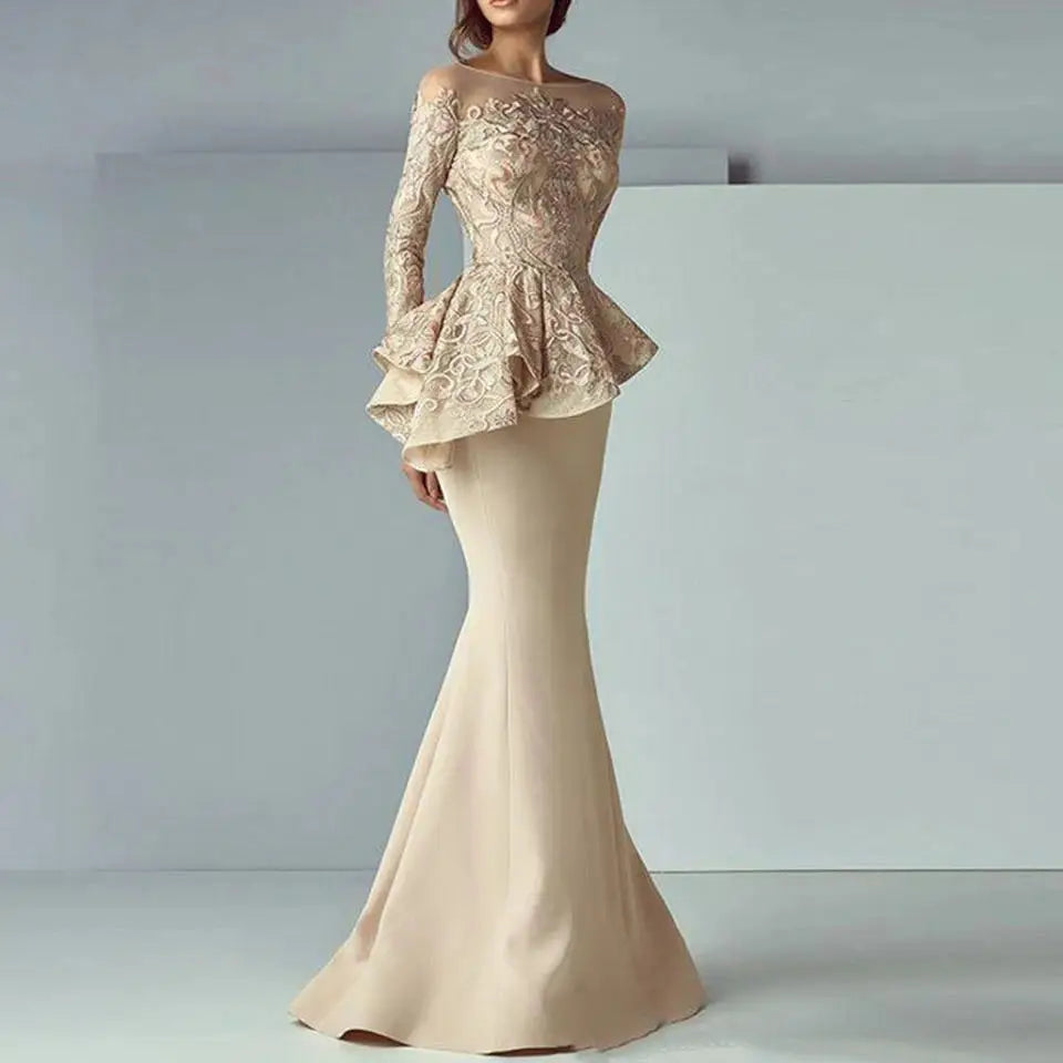 Personalizado champanhe sereia renda mãe da noiva vestidos de manga longa plissado noivo mãe vestido festa à noite vestidos de baile