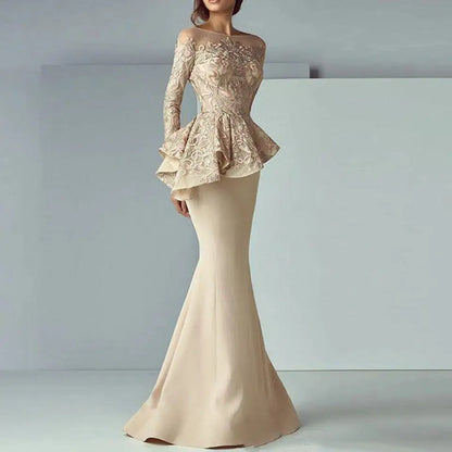 Personalizado champanhe sereia renda mãe da noiva vestidos de manga longa plissado noivo mãe vestido festa à noite vestidos de baile
