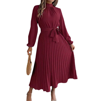 Solid Stand up Collar Bridesmaid Dress Spring Summer Casual Elegant Long Sleeve Waist Cinched Pleated Long Dresses for Women