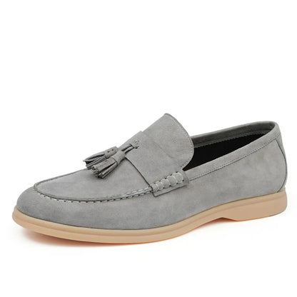 Mocassins Masculinos com Detalhe de Franjas em Couro Legítimo, Sapatos Formais de Negócios com Bico Redondo e Sola Baixa de Borracha, Respirável para o Verão