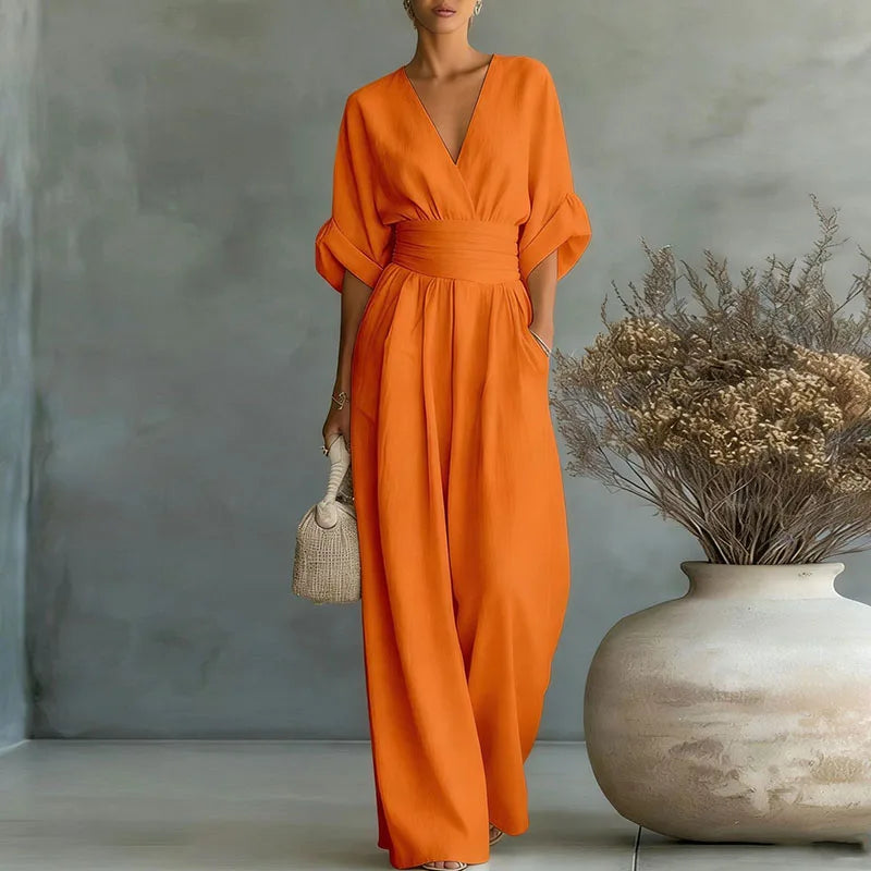 2026 Deep V Neck Women's Jumpsuits Elegant Solid High Waist Rompers Casual Wide Leg Pants Pocket Overalls Vacation Outfit Loose