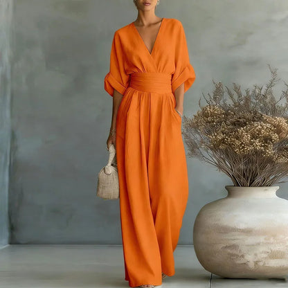 2026 Deep V Neck Women's Jumpsuits Elegant Solid High Waist Rompers Casual Wide Leg Pants Pocket Overalls Vacation Outfit Loose