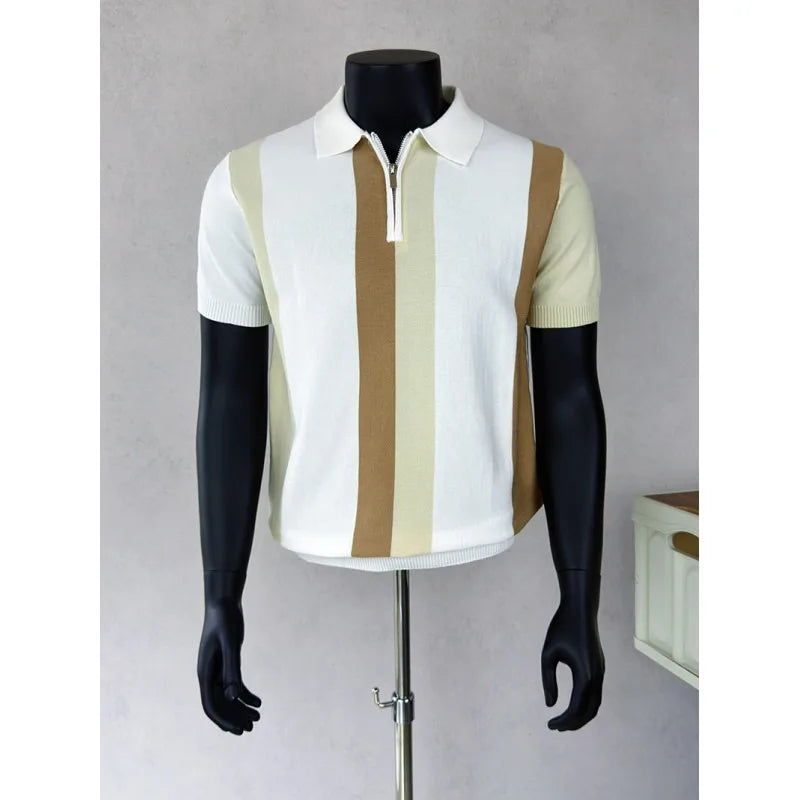 Camisas Polo Tricotadas Listradas Coreanas para Homens, T-shirt Casual com Zíper Lateral, Manga Curta, Estilo Empresarial e Social