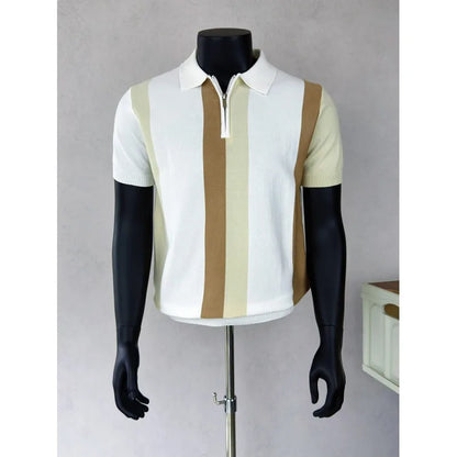 Camisas Polo Tricotadas Listradas Coreanas para Homens, T-shirt Casual com Zíper Lateral, Manga Curta, Estilo Empresarial e Social
