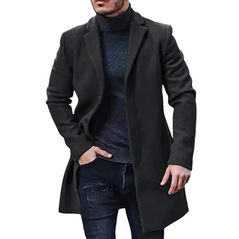 Novo Casaco Masculino de Lã, Sobretudo Corta-Vento, Trench Coat, Cor Sólida, Casaco de Outono e Inverno, Cardigã, Jaqueta Masculina