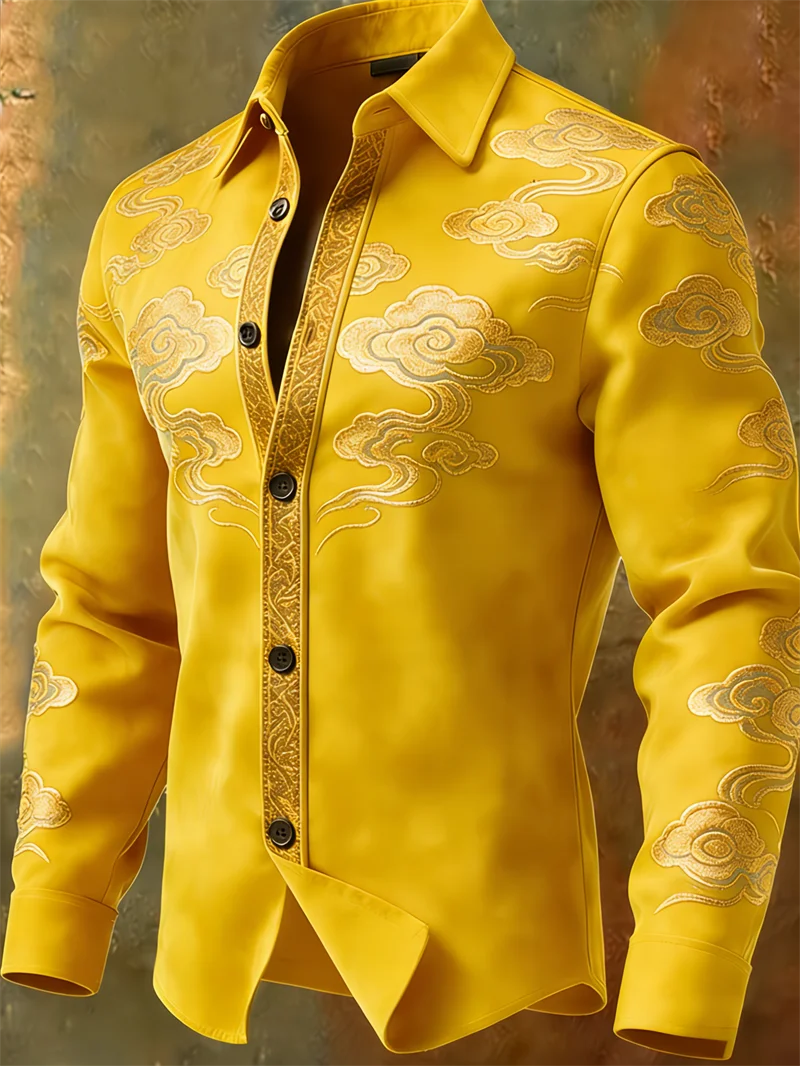 Nova camisa masculina retrô com padrão multicolorido e estampa 3D de nuvens, camisa casual marrom de manga comprida para o dia a dia.