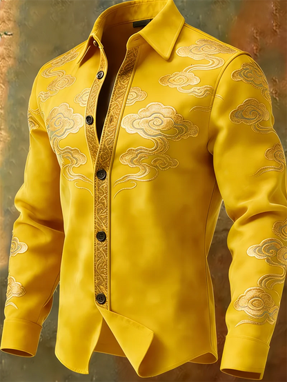 Nova camisa masculina retrô com padrão multicolorido e estampa 3D de nuvens, camisa casual marrom de manga comprida para o dia a dia.