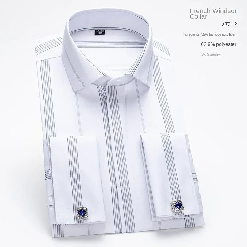 2024 nicho chique manga dupla dobrada gola windsor negócios camisa de manga comprida vestido masculino de alta qualidade aleatório abotoaduras francesas