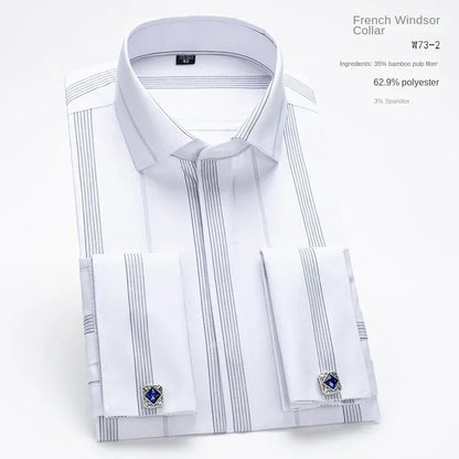 2024 nicho chique manga dupla dobrada gola windsor negócios camisa de manga comprida vestido masculino de alta qualidade aleatório abotoaduras francesas