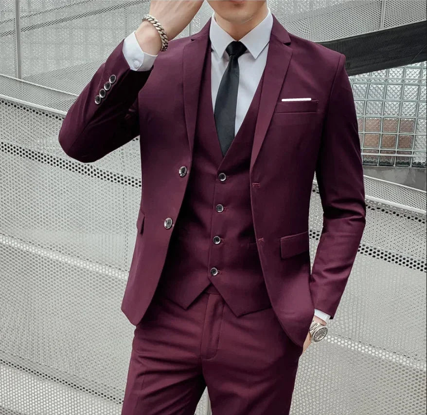 Terno (blazer + colete + calças) masculino elegante cavalheiro negócios estilo britânico cor sólida banquete anfitrião casual terno de casamento