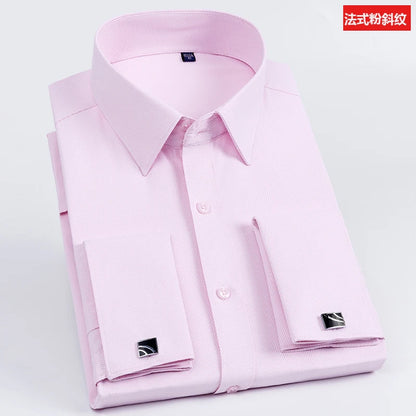 Camisa masculina com abotoaduras francesas, ajuste fino de manga comprida, manga de negócios, sem unhas, camisa formal masculina de cor sólida
